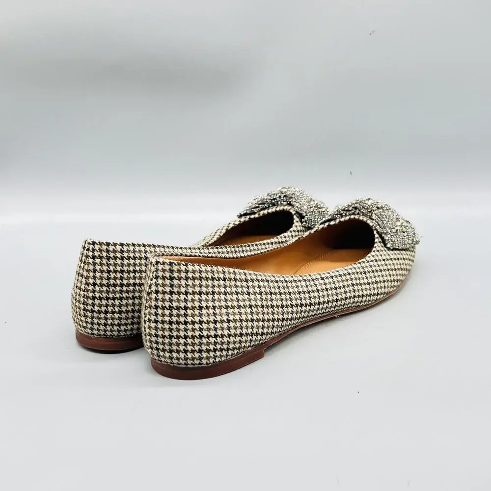 Tory Burch Shoes Womens 10 Beige Tweed Houndstooth Ballet Flats Slip On Bow